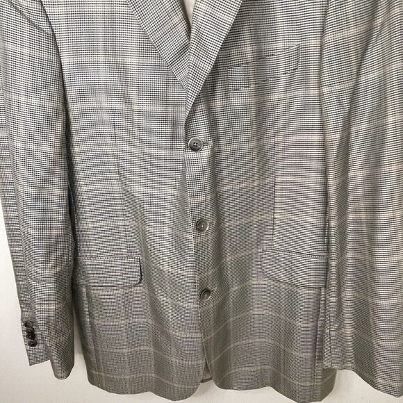 Faconnable Wool Silk Windowpane Houndstooth Blazer Tan Navy Green Men’s Sz 42L - Picture 5 of 13